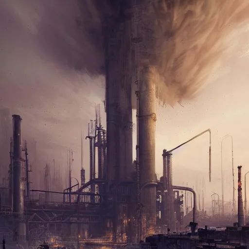 Image similar to highly detailed concept art of monumental chimney of the huge steelworks in the steampunk underground city/factory trending on Artstation by Daniel Dociu and Greg Rutkowski, high quality, dieselpunk, architecture, frostpunk, steampunk industrial area, pollution and smoke, rusty, heat and steam, ultra detailed, ultra realistic, dystopia