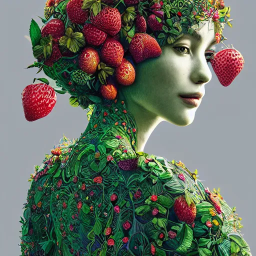 Image similar to the portrait of an absurdly beautiful, graceful, elegant, sophisticated woman made of strawberries and green petals, an ultrafine hyperdetailed illustration by james jean, kim jung gi, irakli nadar, intricate linework, bright colors, octopath traveler, final fantasy, unreal engine 5 highly rendered, global illumination, radiant light, detailed and intricate environment