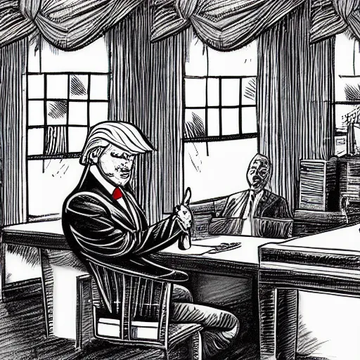 Prompt: commercial drawing of a donald trump who thinks he is in an ordinary house, but clues show he is actually in hell