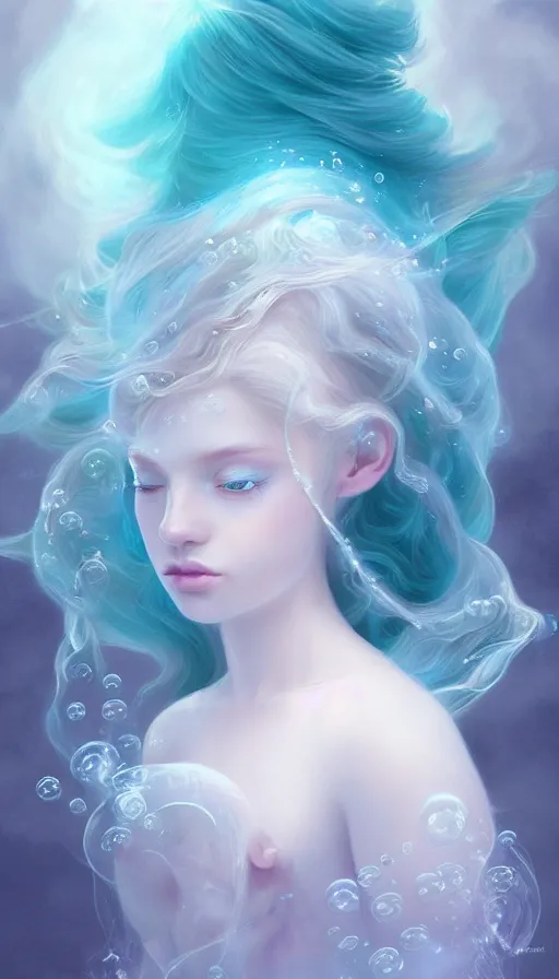 Image similar to portrait of magical ghost triton, ethereal , cloudy, transparant, gradient white cyan, dreamy and ethereal, (colour) eyes, peaceful expression, ornate frilly dress, fantasy, intricate, elegant, rainbow bubbles, highly detailed, digital painting, artstation, concept art, smooth,b sharp focus, illustration, art by artgerm and greg rutkowski and alphonse mucha