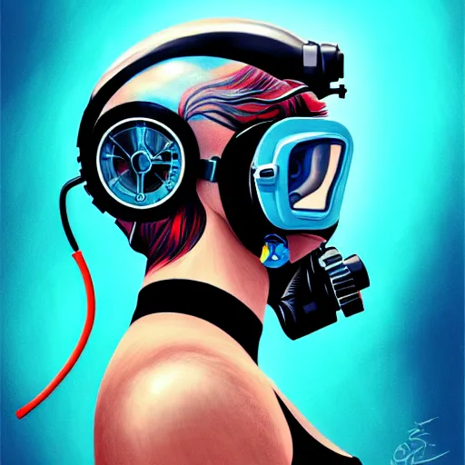 Image similar to a profile photo of a diver with diving helmet with tattoos on arm and neck, side profile in underwater, highly detailed, digital painting, artstation, sharp focus, illustration by Sandra Chevrier