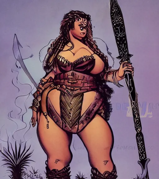 Prompt: 1 9 8 0 s fantasy novel book cover, bbw plus size amazonian victoria justice in extremely tight bikini armor wielding a cartoonishly large sword, exaggerated body features, dark and smoky background, low quality print