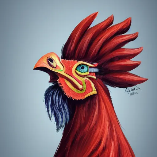 Prompt: a portrait of a half robot rooster wearing a hoodie, artstation, illustration