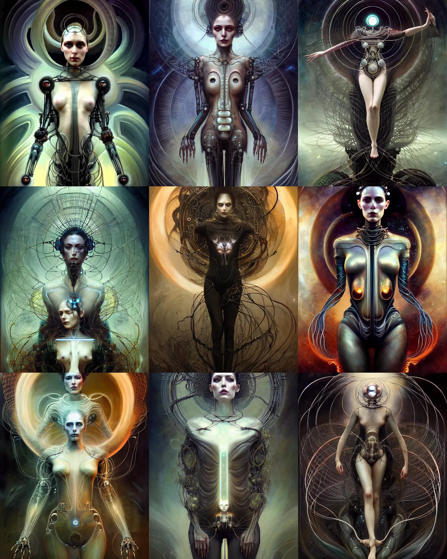 Prompt: karol bak and tom bagshaw and bastien lecouffe - deharme full body symmetrical character portrait of the beautiful borg queen of sentient parasitic flowing ai, etheral rebirth, floating in a powerful zen state, beautiful and ominous, wearing combination of mecha and bodysuit made of wires and garland, nature in the background, scifi character render