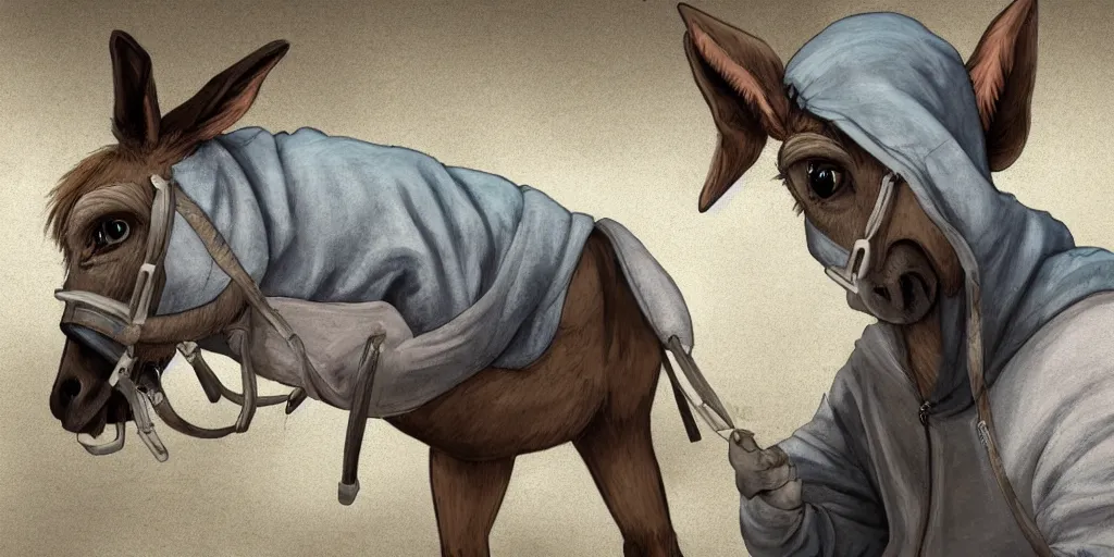 Prompt: donkey wearing a hoodie sweatshirt in a basement tracking to hack into a computer using a laptop, artstation