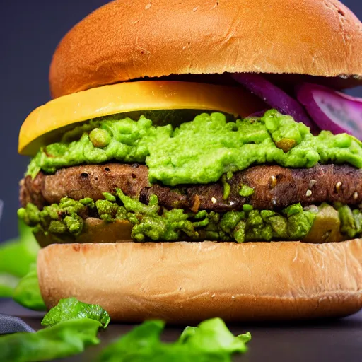 Image similar to juicy vegan hamburger topped with guacamole, fried onion and a vegan fried egg, crispy buns, 8 k resolution, professional food photography, studio lighting, sharp focus, hyper - detailed