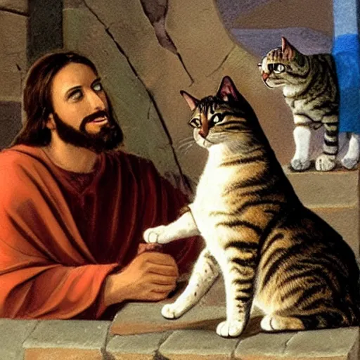 Prompt: Jesus petting a tabby cat, the is cat looking up to him and purrs