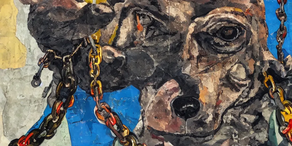 Image similar to mad dog on a chain, collage, acrylic on canvas, expressionism movement, breathtaking detailed, by blake neubert