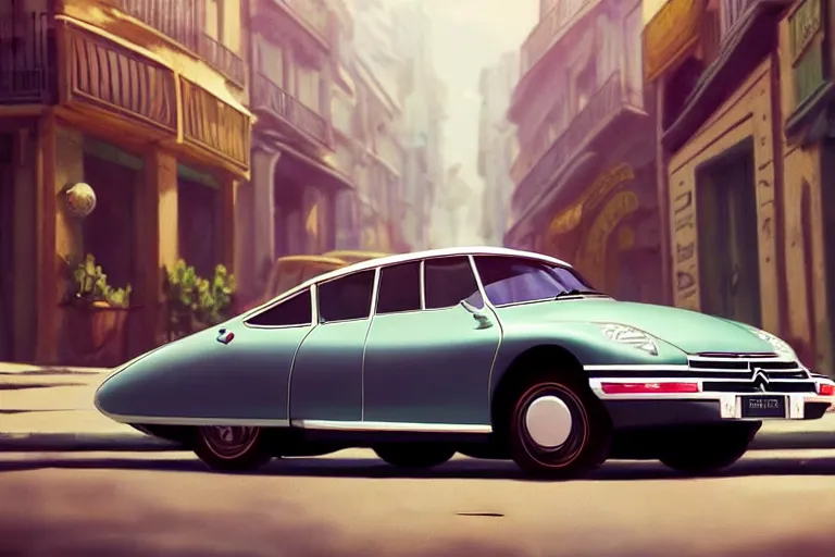 Image similar to a wholesome beautiful animation key shot of!! one!! focused!! 1 9 7 4 citroen ds!! in a paris street, medium wide shot, studio ghibli, ( pixar ) and disney animation, sharp, very detailed, high resolution, rendered in unreal engine 5, anime key art by greg rutkowski, bloom, dramatic lighting