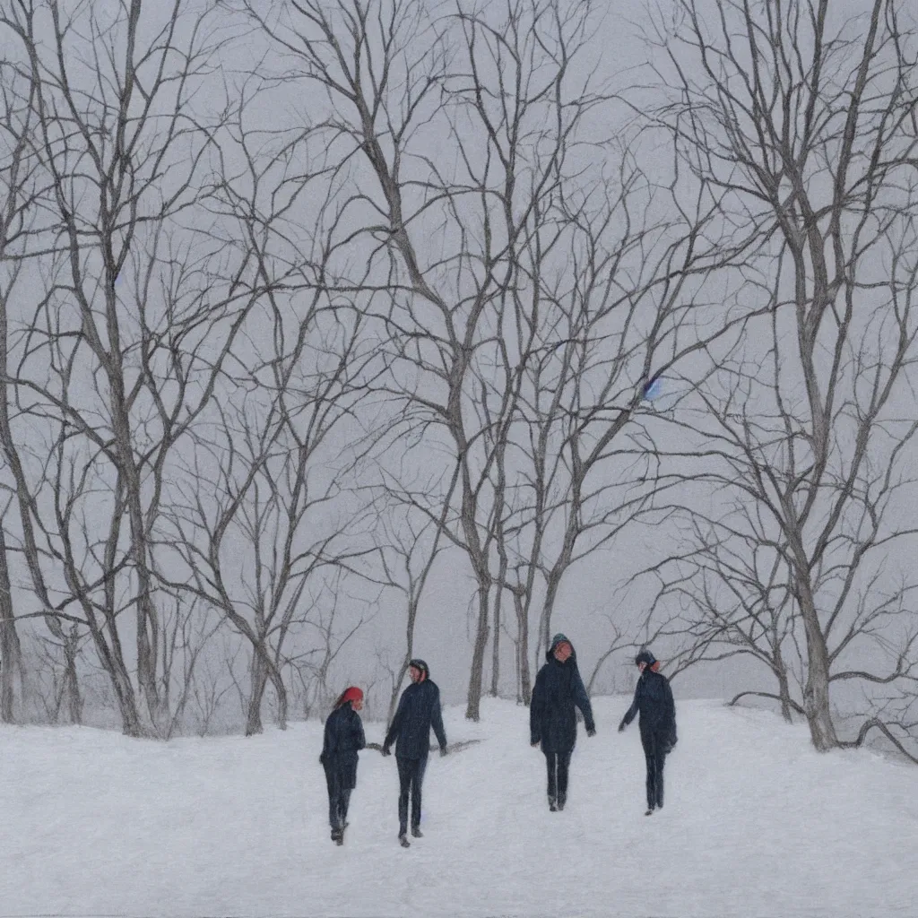 Prompt: painting of a couple taking a slushy, snowy december walk by the ottawa river by alex colville