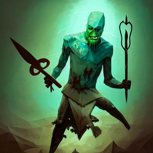 Image similar to low poly painting by greg rutkowski of a drowned zombie holding a trident with glowing cyan eyes, wearing ragged clothing, holding a trident, underwater, pastel green and blue color palette