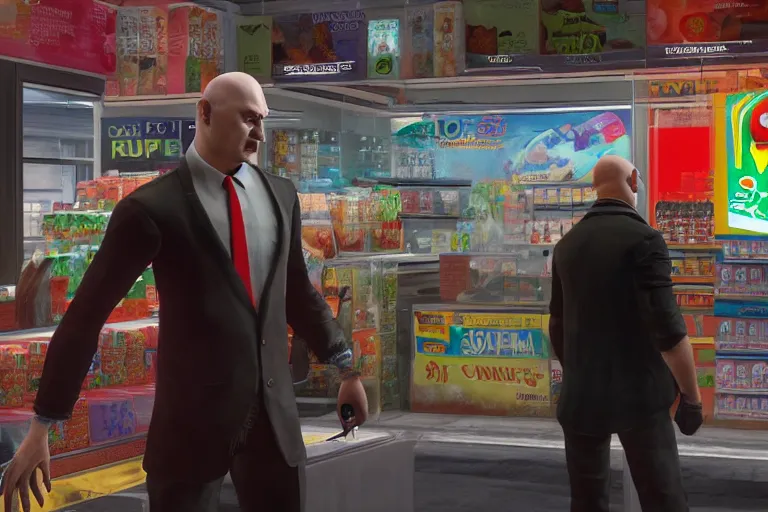 Image similar to agent 4 7 ordering a slurpee at 7 1 1, ps 5 god of war screenshot