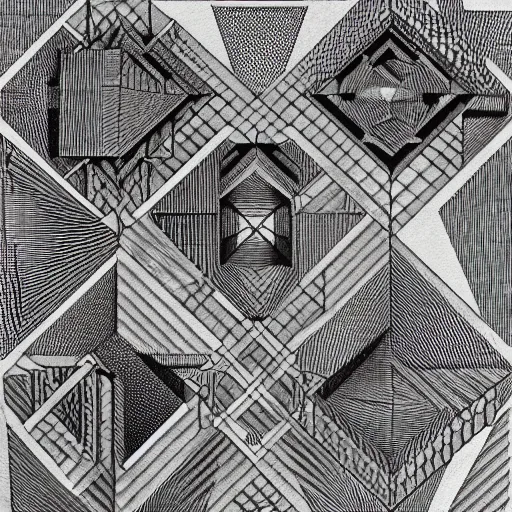 Image similar to geometrically obsessed, etching by Maurits Cornelis Escher, highly detailed