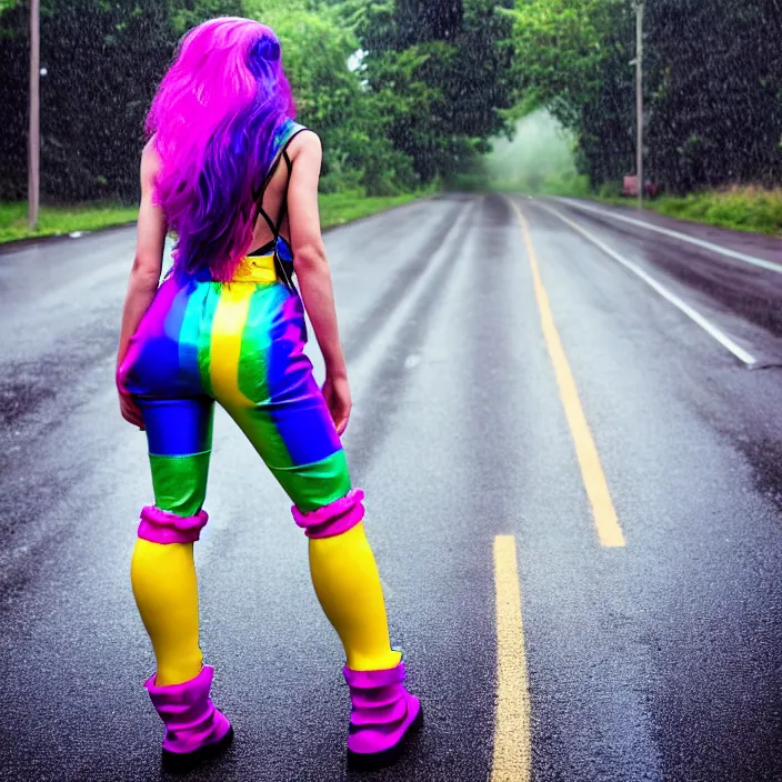 Image similar to fully body pose, photo of a very beautiful!! victoria secret model, skull woman, rainbow hair, overalls, short shorts, fishnets, combat boots, wet t shirt, raining, 8 k, hdr, smooth, sharp focus, high resolution, award - winning photo, trending on artstation, dslr, 5 0 mm