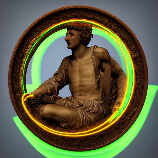 Image similar to a renaissance statue inside a neon ring 3 d render, black background, ray tracing, 8 k resolution, shar focus, hyper detailed, hyper realistic