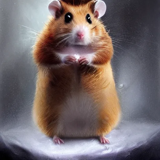 Prompt: a king hamster with a crown and a coat, painted by Raymond Swanland