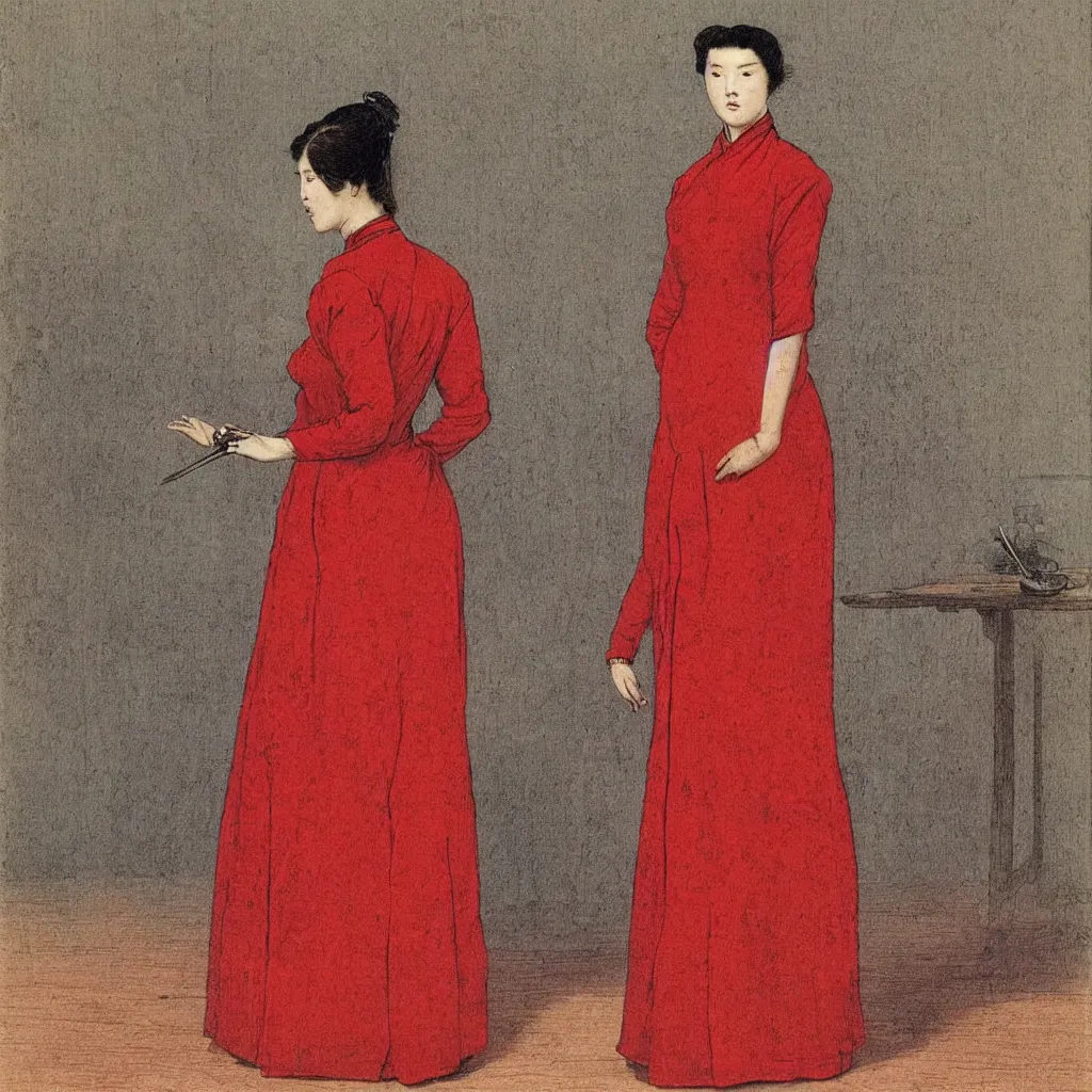 Image similar to a lady in a red cheongsam, highly detailed, comicstyle, by caspar david friedrich.