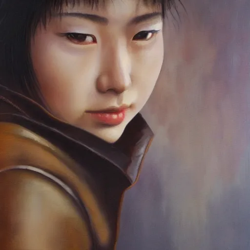 Image similar to perfect, realistic oil painting of close-up japanese young woman wearing leather jacket, in Dune Arrakis