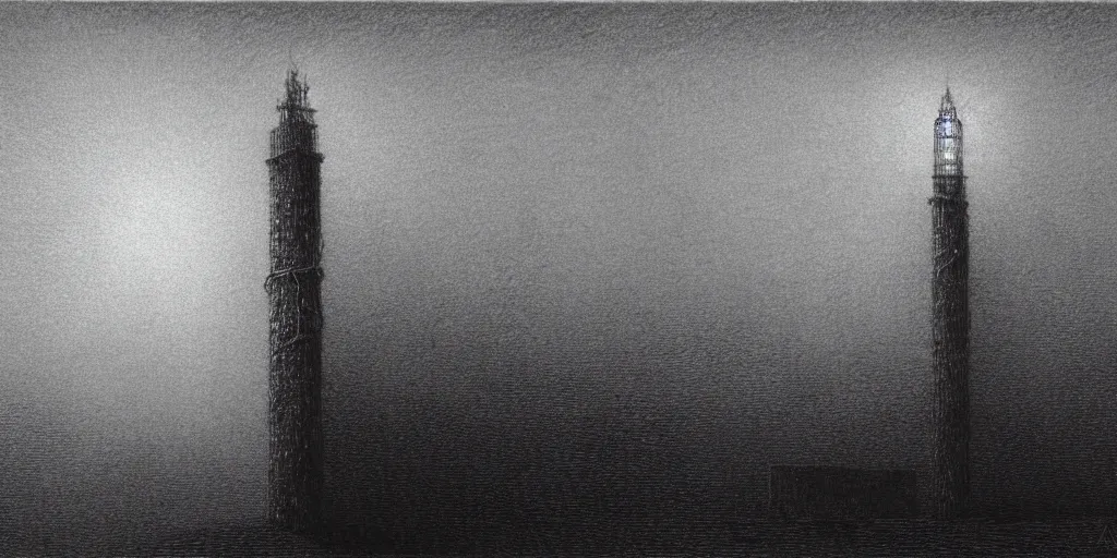 Prompt: A tower connected with cables, shining light, rays of light, by beksinski, shining light, high clouds, fog, Award winning, pencil drawing, masterpiece, detailed illustration