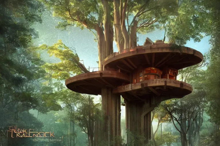 Image similar to solarpunk treehouse by frank lloyd wright, still from a movie, cyberpunk tree house, photo art, artgerm, trending on artstation