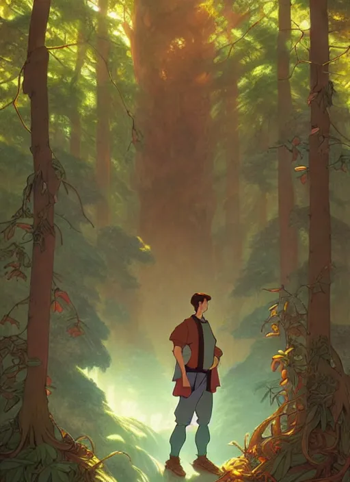 Image similar to book cover design, man in a forest, natural lighting, path traced, highly detailed, high quality, cartoon, digital painting, by don bluth and ross tran and studio ghibli and alphonse mucha