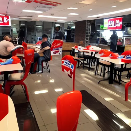 Prompt: alive chicken invasion in KFC