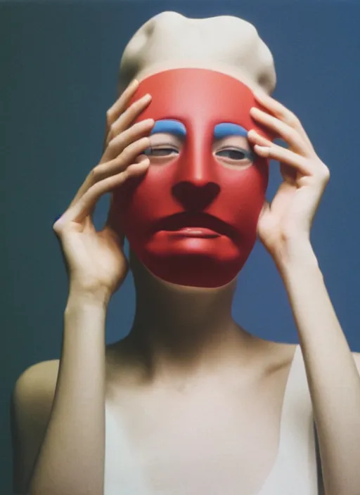 Prompt: a fashion portrait photograph of a woman wearing a plastic mask designed by james turrell, 3 5 mm, color film camera,