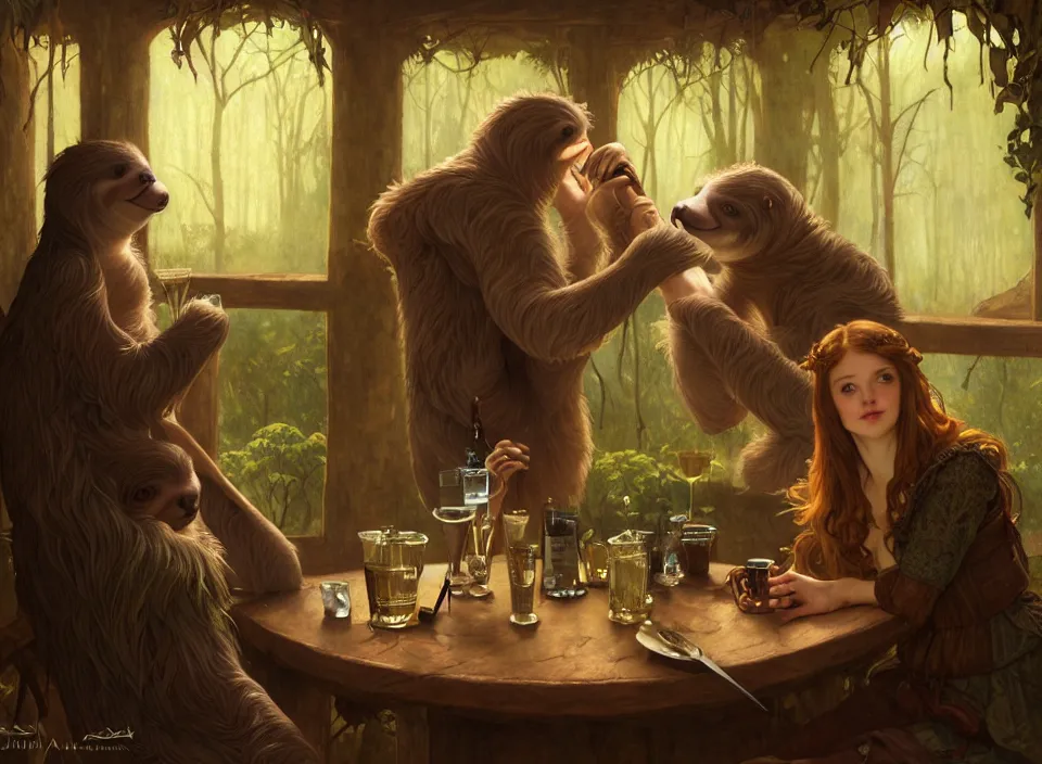 Prompt: a beautiful adventuring drinking sloth anthro couple, dimly-lit cozy tavern, relaxed pose, fantasy art, detailed painterly digital art style by John Collier and Albert Aublet and Krenz Cushart and Artem Demura and Alphonse Mucha, d&d vibe, 🍸, 8k octane beautifully detailed render, post-processing, extremely hyperdetailed, intricate, epic composition, grim yet sparkling atmosphere, cinematic lighting + masterpiece, trending on artstation, very detailed, vibrant colors, Art Nouveau