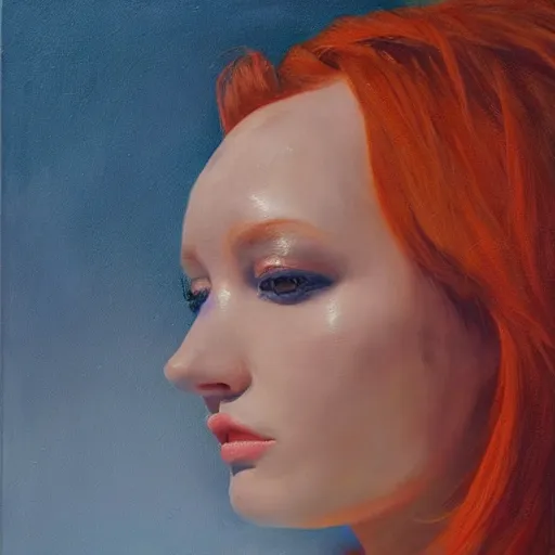 Prompt: redhead fashion model in futuristic astronaut suit, portrait, hyperrealism oil painting