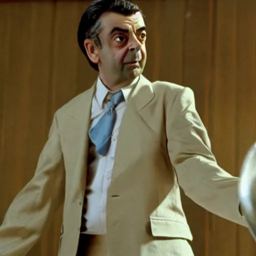 Prompt: film still of Rowan Atkinson in Kill Bill