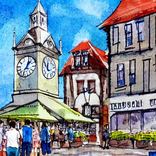 Prompt: town square with a market day, small white edwardian clocktower in background, water colour, illustration,