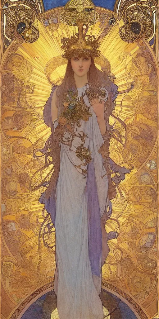 Prompt: saint woman, venus, athena, queen, by alphons mucha and annie swynnerton and nicholas roerich and jean delville, strong dramatic cinematic lighting, ornate headdress, flowing robes, spines, flowers, stars, lost civilizations, smooth, sharp focus, extremely detailed, blue marble, obsidian, gold, space