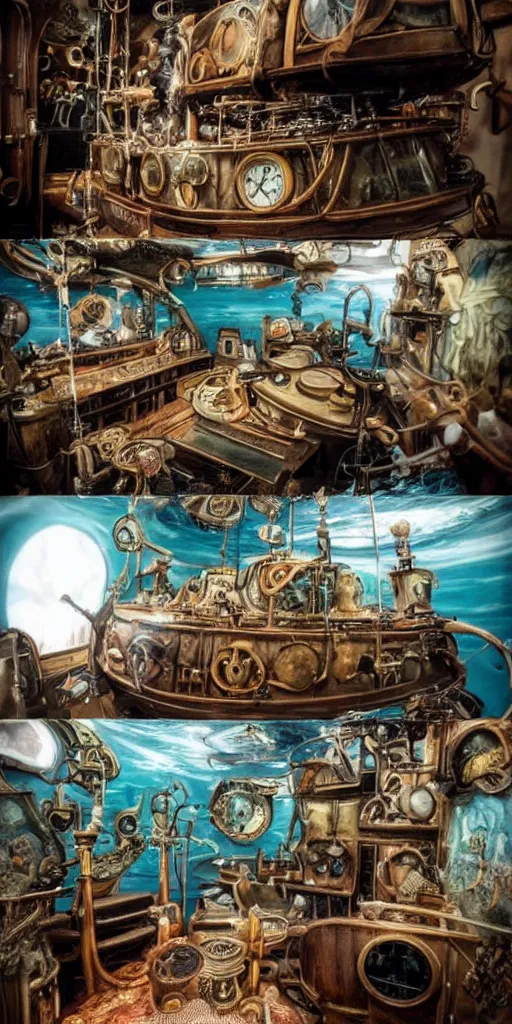 Image similar to a vintage steampunk living submarine by alexander jansson and where's waldo and leonardo da vinci