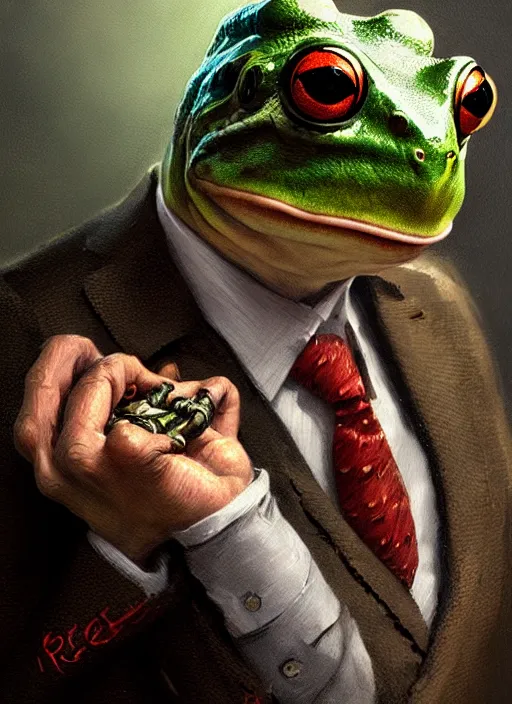 Image similar to frog mutant smokes pipe, wearing fancy suit,digital art,ultra realistic,ultra detailed,art by greg rutkowski,hyperdetailed,detailed face,professional lighting,dramatic,3 point lighting