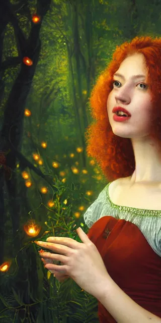 Image similar to young woman, smiling amazed, among firefly lights, full covering intricate detailed dress, amidst nature, long red hair, precise linework, accurate green eyes, small nose with freckles, beautiful oval shape face, empathic, expressive emotions, dramatic lights, hyper realistic ultrafine art by artemisia gentileschi, jessica rossier, boris vallejo