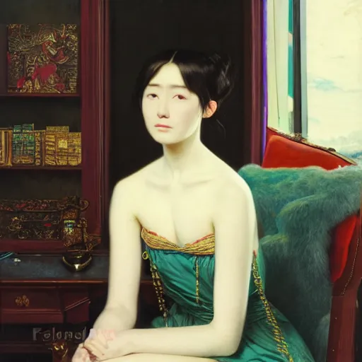 Image similar to painting by frederic edwin church, balaskas christoper, conrad roset, coby whitmore, and chie yoshii. of a beautiful japanese girl sitting on antique chair leaning against a desk, sideview, victorian room