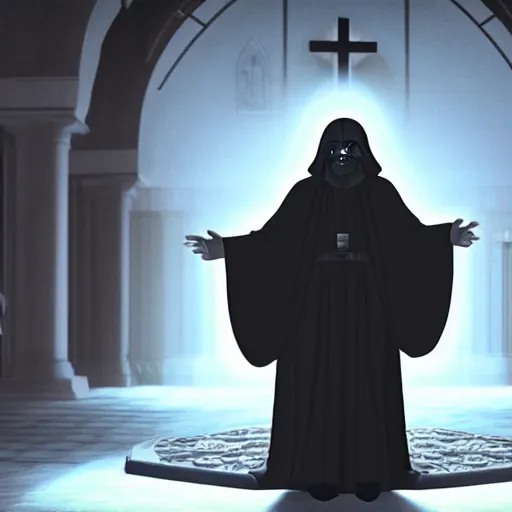 Image similar to emperor palpatine preaching to people at church, 8k cinematic lighting, very sharp detail, anatomically correct