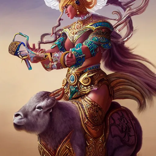 Prompt: a goddess riding a ram while checking her cell phone. fantasy art for the zodiac sign aries by senior concept artist josaphine wall, acrylic on canvas, intricately detailed, high resolution trending on artstation