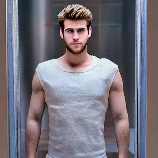 Image similar to “ a realistic detailed photo of a guy who is an attractive humanoid who is half robot and half humanoid, who is a male android, actor liam hemsworth, shiny skin, posing like a statue, blank stare, at the museum, on display ”