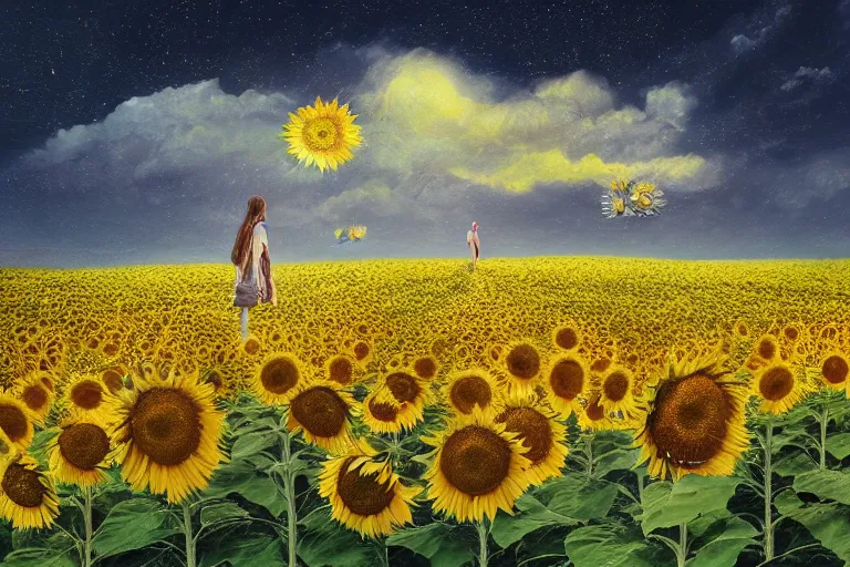 Prompt: giant sunflower as a head, girl walking in daisy field, hills, surreal photography, dark night, star trails, dramatic light, impressionist painting, clouds, digital painting, artstation, simon stalenhag