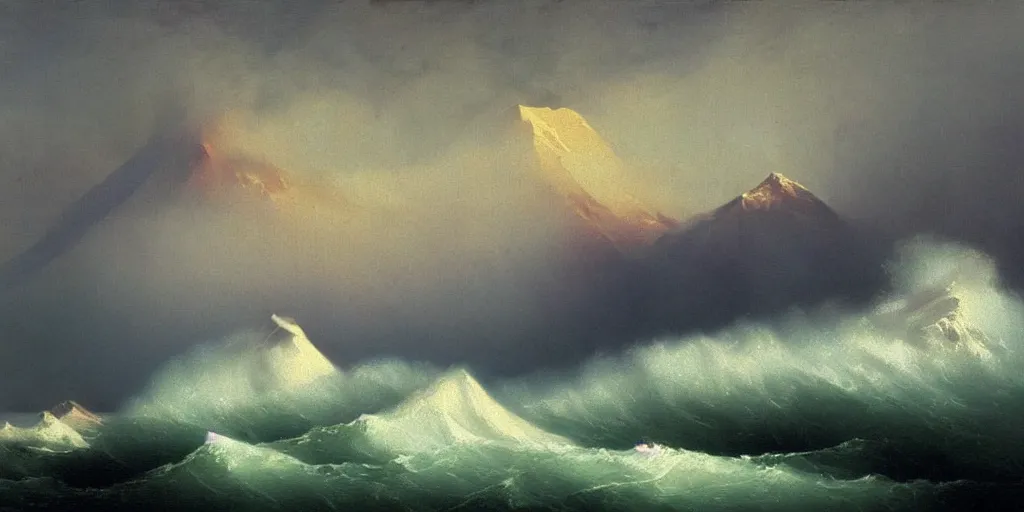 Prompt: A tsunami crashes over Mount Everest in the style of Ivan Aivazovsky