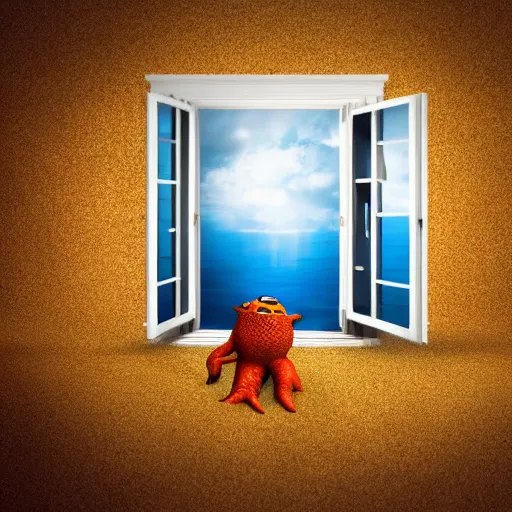 Prompt: photography, 3 d render, monster, open door, water in the window