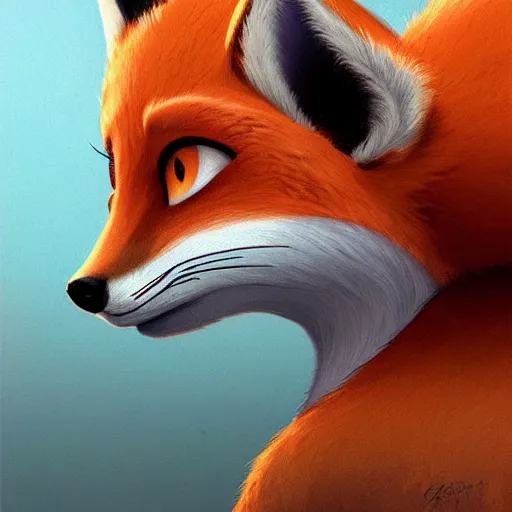 Prompt: a side - view profile portrait of an anthropomorphic fox, zootopia!!, by greg hildebrandt!!! and greg rutkowski