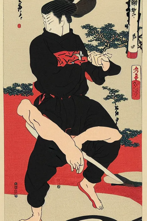 Image similar to Ukiyo-e art of gopnik in black adidas squatting under birch