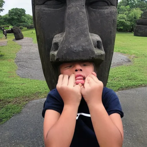 Image similar to a kid looking very dissapointed that his birthday present was a very large moai statue | iphone photograph