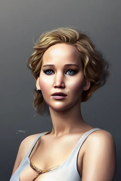 Image similar to a portrait of jennifer lawrence as a pixar character, beautiful, elegant, extremely detailed digital art, full body photo, trending on artstation hyper realistic matte painting, by wlop, artgerm