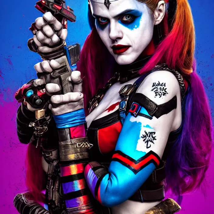 Image similar to portrait of alexandra daddario as a harley quinn in suicide squad. intricate abstract. intricate artwork. by tooth wu, wlop, beeple, dan mumford. octane render, trending on artstation, greg rutkowski very coherent symmetrical artwork. cinematic, hyper realism, high detail, octane render, 8 k, iridescent accents