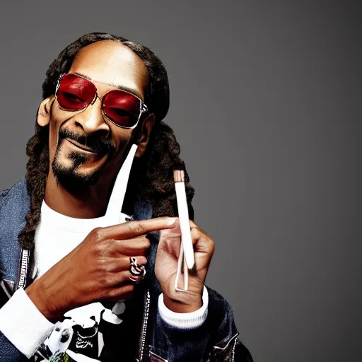 Image similar to Snoop Dog with big eyes eye color red , smiling and holding a joint in his hand