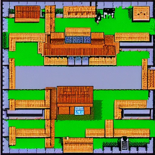 Image similar to simplistic bandit camp layout, architectural model, studio lighting, pepe the frog as hero in 8 bit nes game, multiple cows, low contrast, single building, arsitektur nusantara, dynamic lighting, rotary symmetrical, 1 0 0 0 mm, art by allixander maps, acrylic drawing, fantasy, world, bright, clear, simple, sharpened