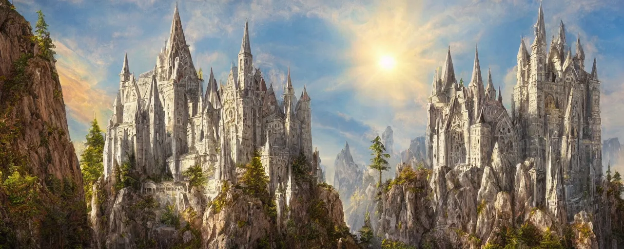 Image similar to white monastery with large tower upon sheer lime cliffs, a ray of sun illuminating, drawn with crayons, high fantasy, extremely detailed